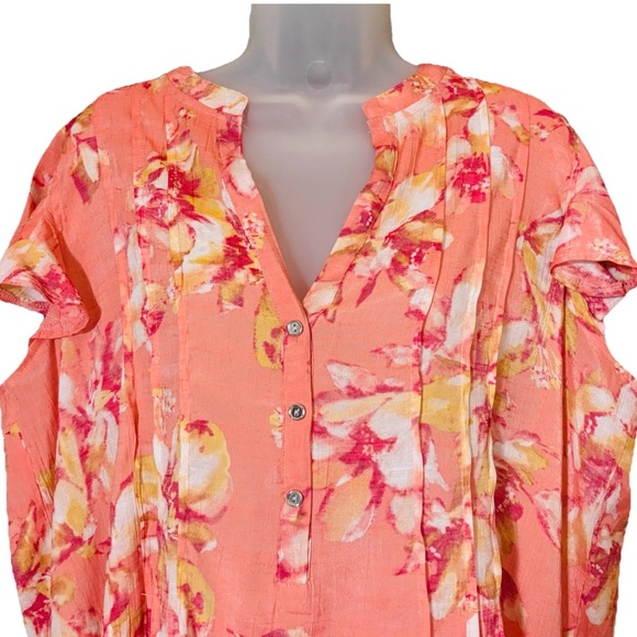 Cocomo Woman Floral Pleated Flutter Sleeve Tropical Popover Top size 1X - Picture 2 of 9